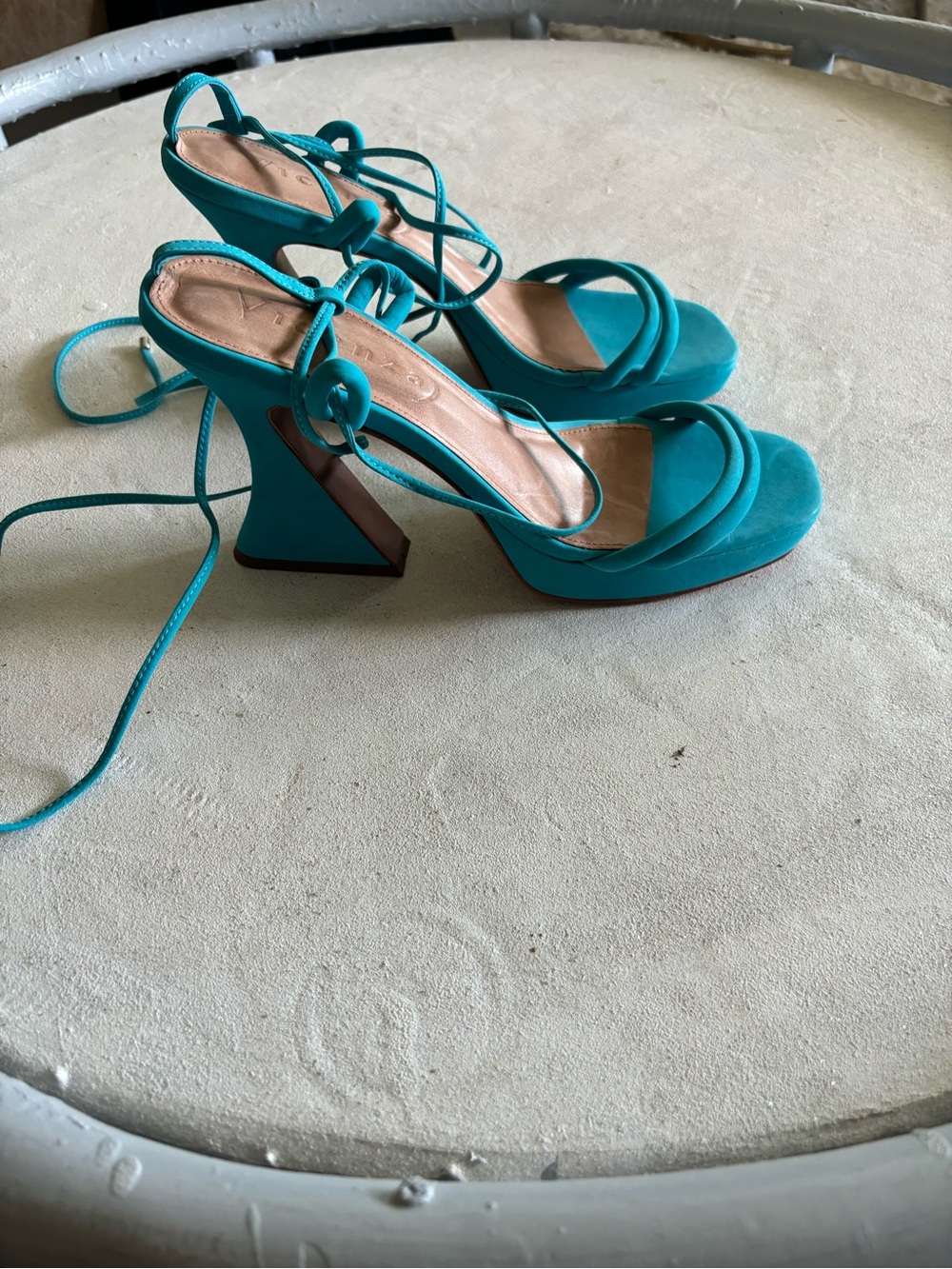 Turquoise Strappy Lace-Up Block Heel Sandals